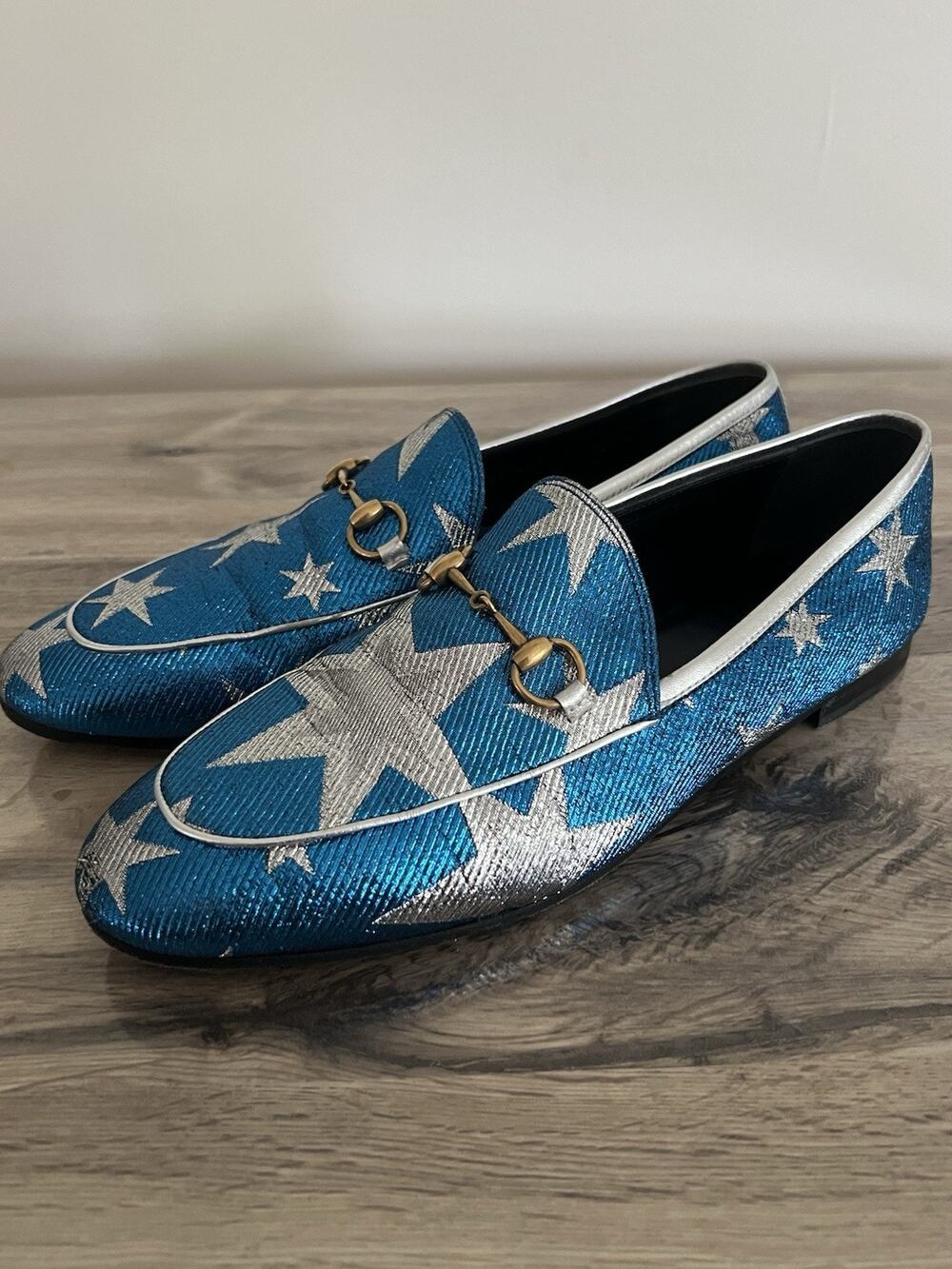 Gucci Blue Silver Starry Sky Print Lurex Jordaan Loafers Size 41 Horsebit